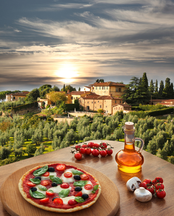 Italian pizza in Chianti, famous vineyard landscape in Italy
