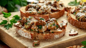 Grilled mushroom toast with parsley, lemon and cheese on wooden board