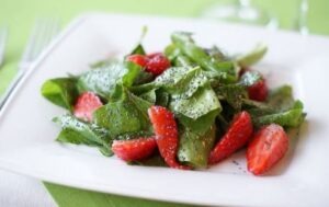 Strawberry Salad with Pea Ice Cream