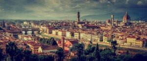 Tuscany cityscape, buildings, bridge, river, trees