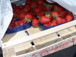 trays of strawberries, wooden planks, white covering