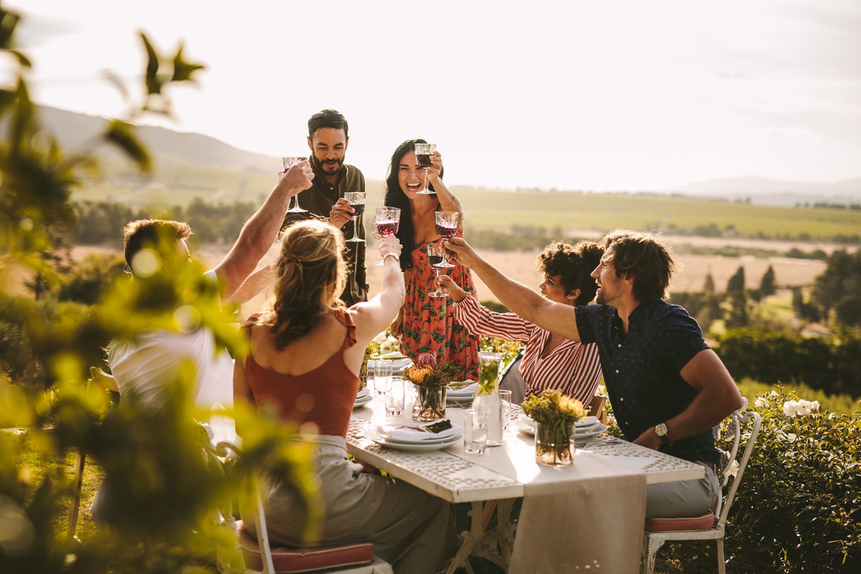 a group of people toasting wine during a dinner party outdoors