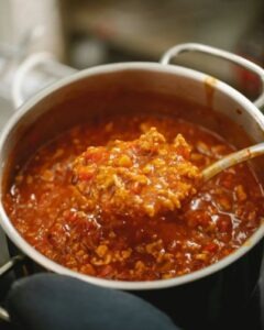 a saucepan with delicious bolognese sauce on the stove